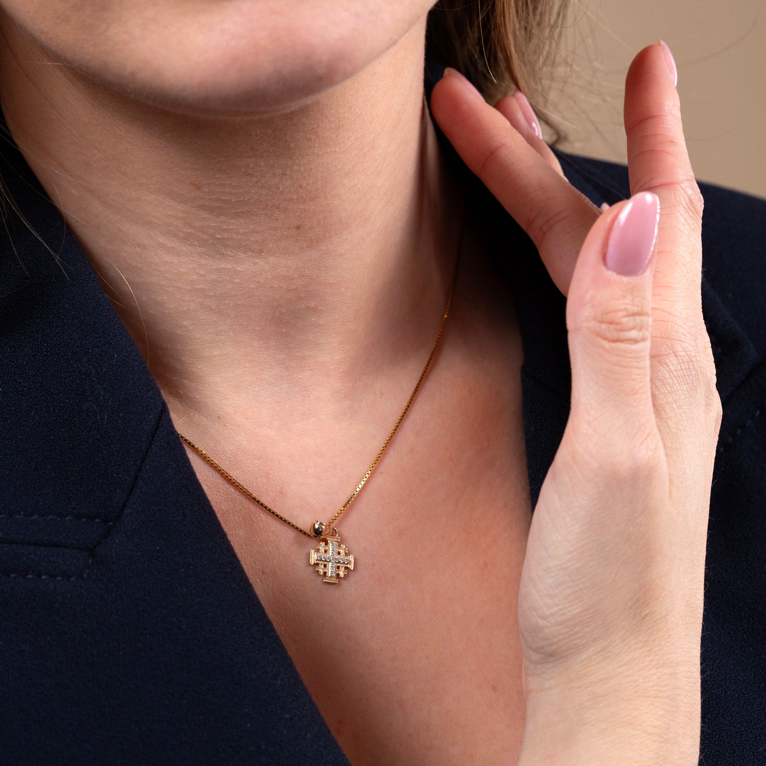 Jerusalem Cross Pendant in 14K Gold with Cubic Zirconia, view 2 by Marina Jewelry