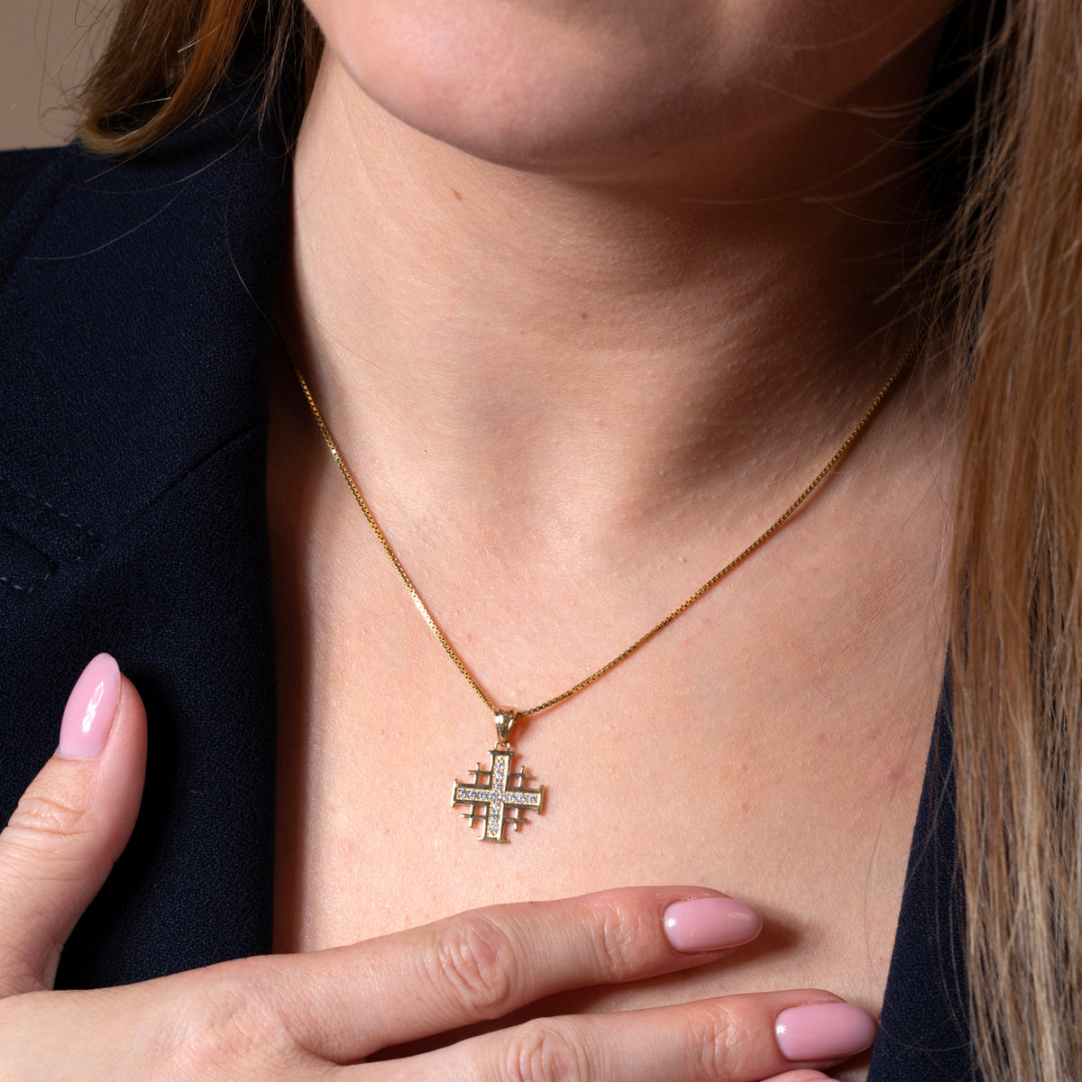 Jerusalem Cross Pendant in 14K Gold, Cubic Zirconia Center Cross, view 2 by Marina Jewelry