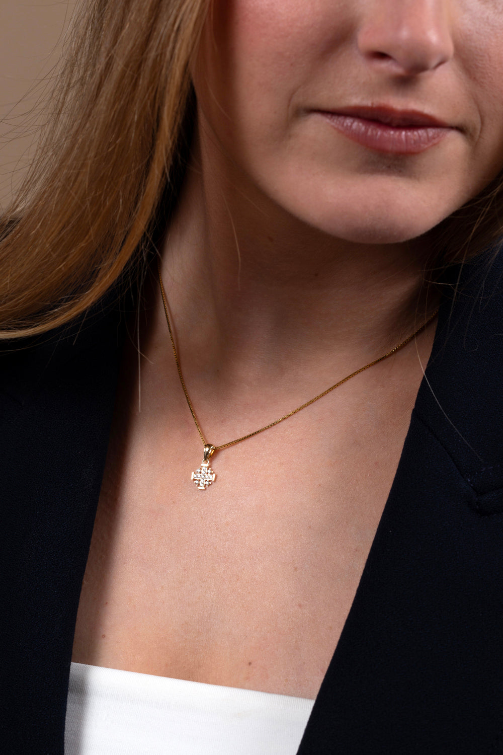 Small Jerusalem Cross Pendant in 14K Gold, Pavé Cubic Zirconia, view 3 by Marina Jewelry