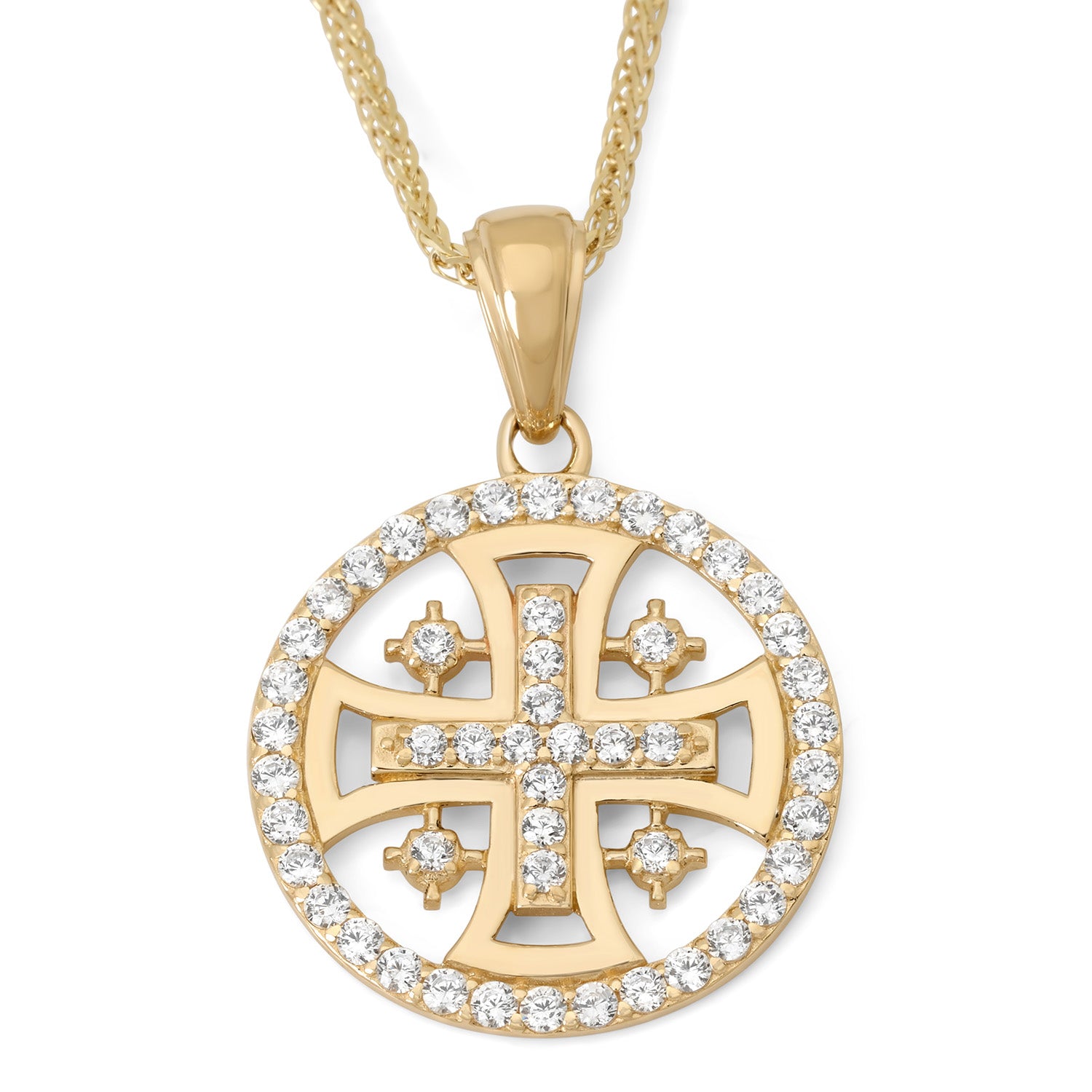 Round 14K gold Jerusalem Cross medallion with Cubic Zirconia halo by Marina Jewelry