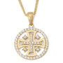 Round 14K gold Jerusalem Cross medallion with Cubic Zirconia halo by Marina Jewelry