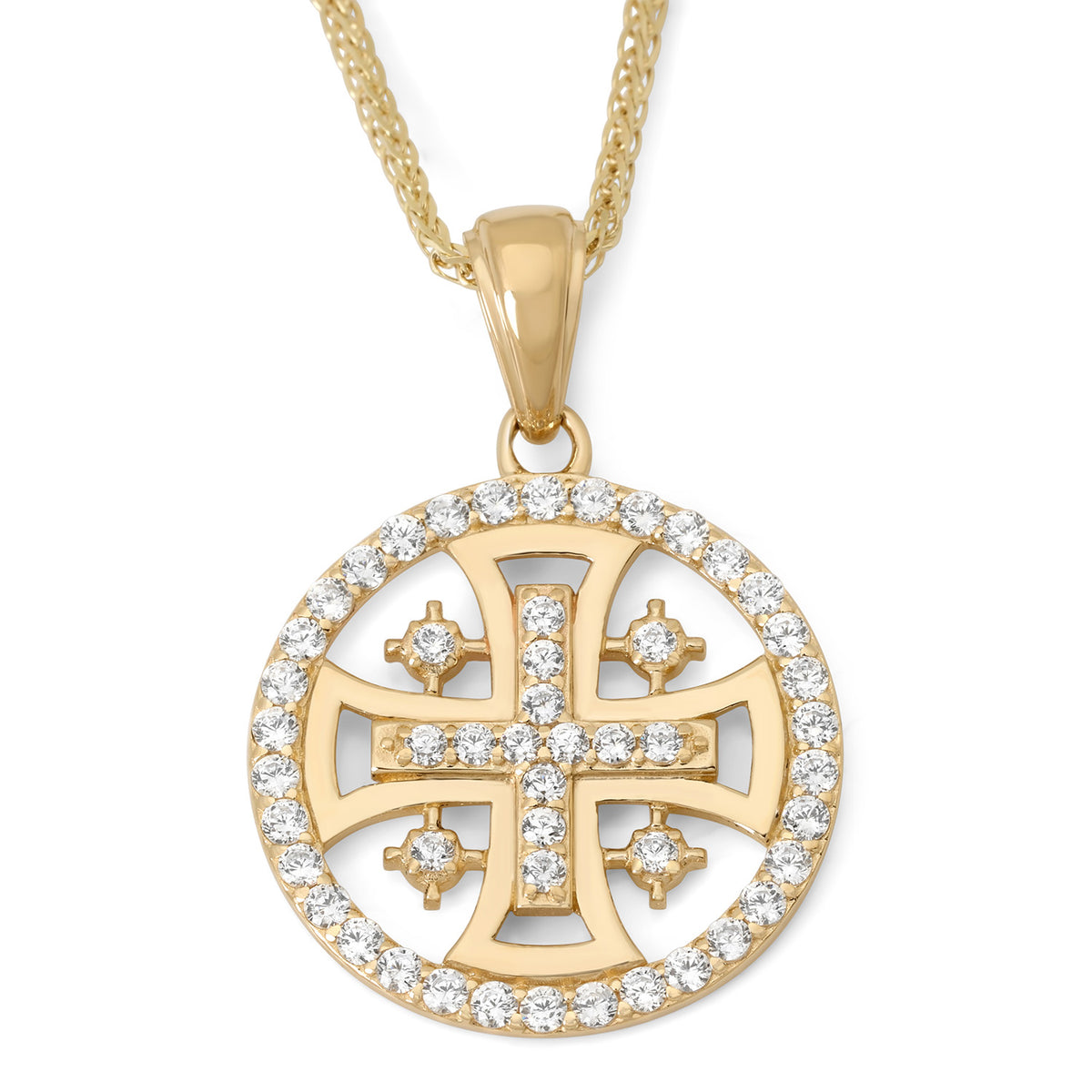 Round 14K gold Jerusalem Cross medallion with Cubic Zirconia halo by Marina Jewelry