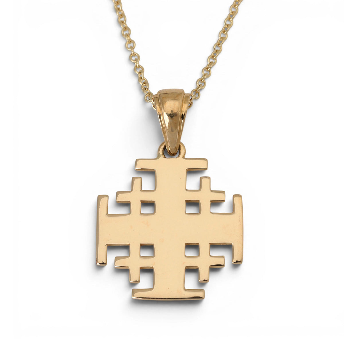 Polished 14K gold Jerusalem Cross pendant by Marina Jewelry
