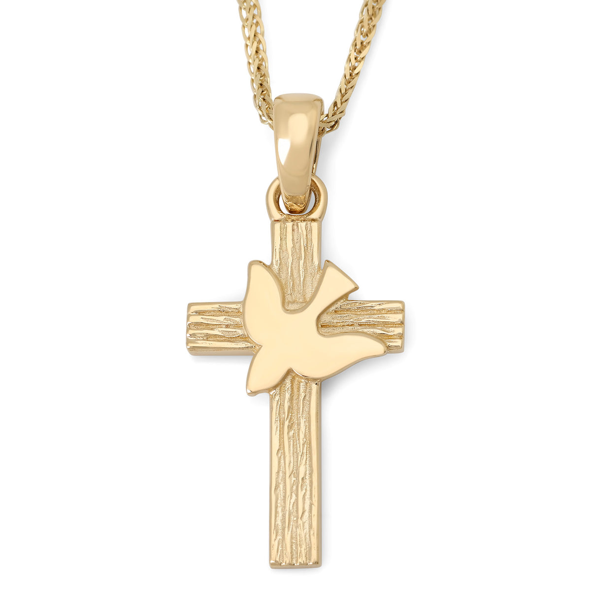 14K gold textured cross pendant with polished dove by Marina Jewelry