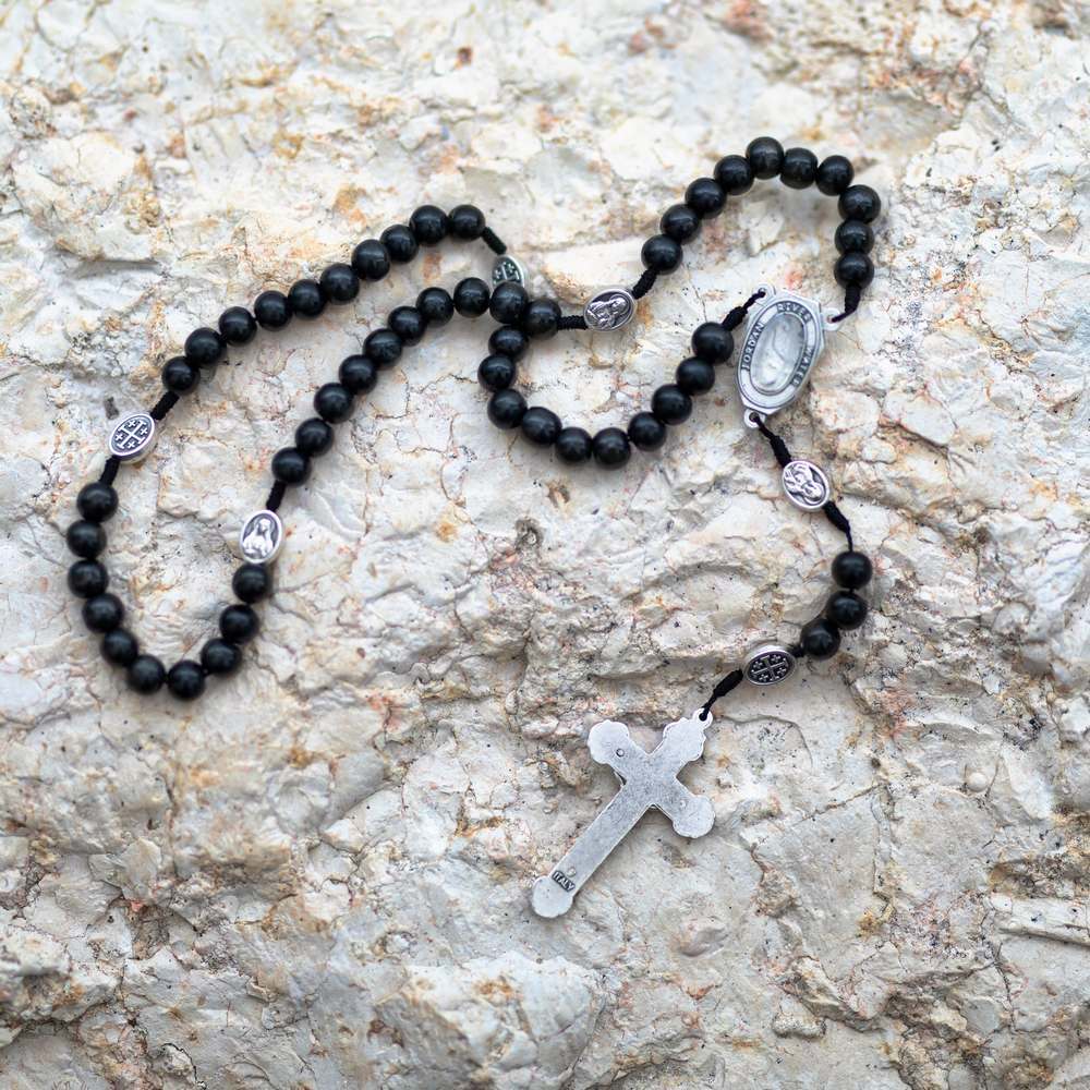Black Wood Rosary with Jordan River Water & Crucifix – back view