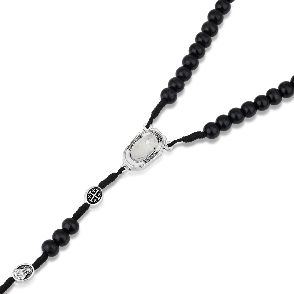 Black beaded rosary with Jordan River Water medallion and crucifix by Marina Jewelry