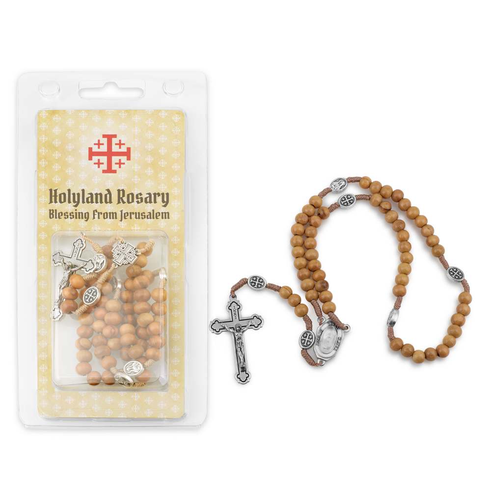 Wood Bead Rosary with Jerusalem Cross Charms and Crucifix