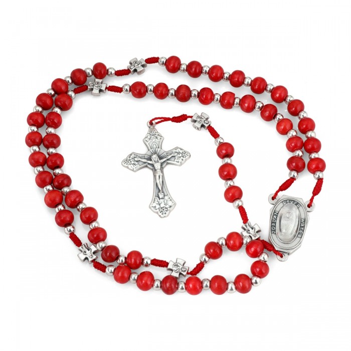 Red Bead Rosary with Jordan River Medallion and Ornate Crucifix