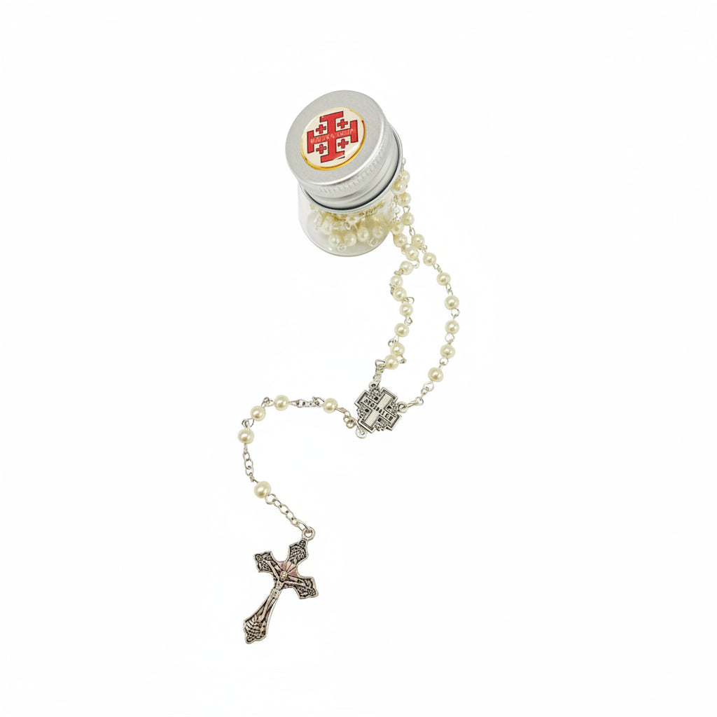Pearl Bead Rosary with Jerusalem Cross Medallion in Keepsake Jar