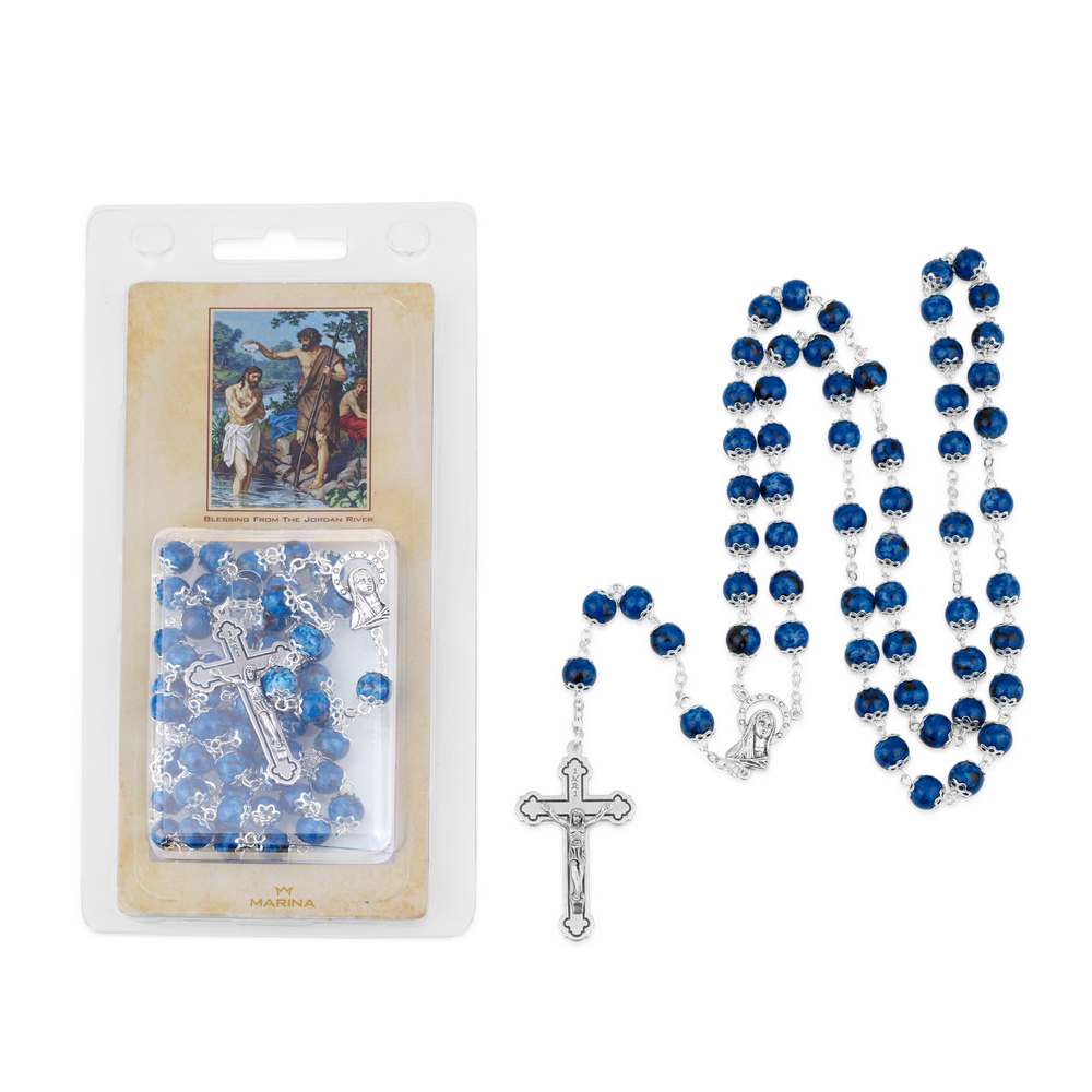 Blue Bead Rosary with Virgin Mary Medallion and Crucifix