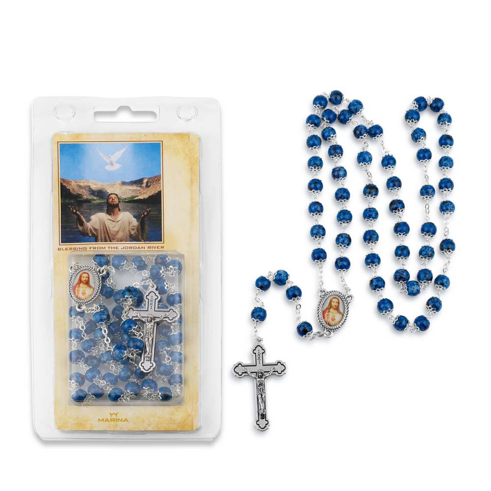 Blue Bead Rosary with Sacred Heart Medallion and Crucifix