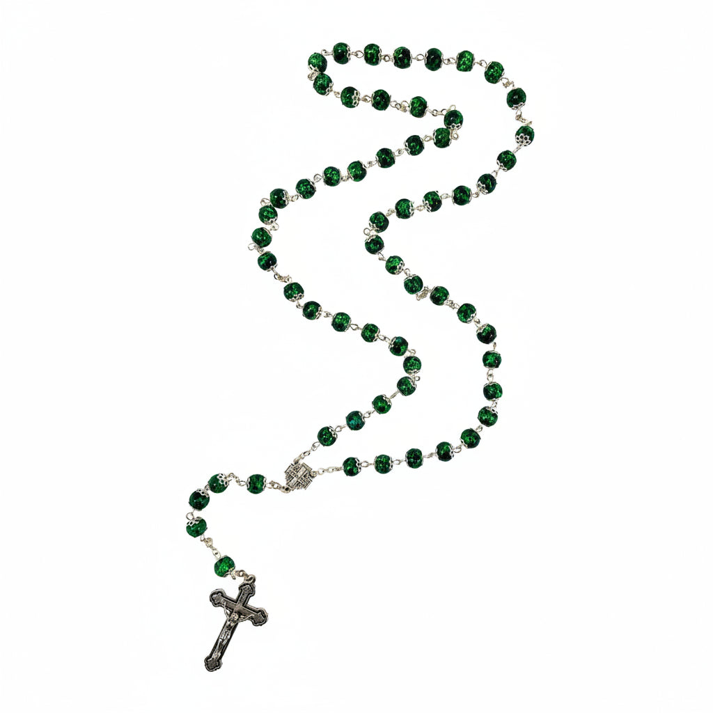 Green Bead Rosary with Jerusalem Cross Centerpiece and Crucifix
