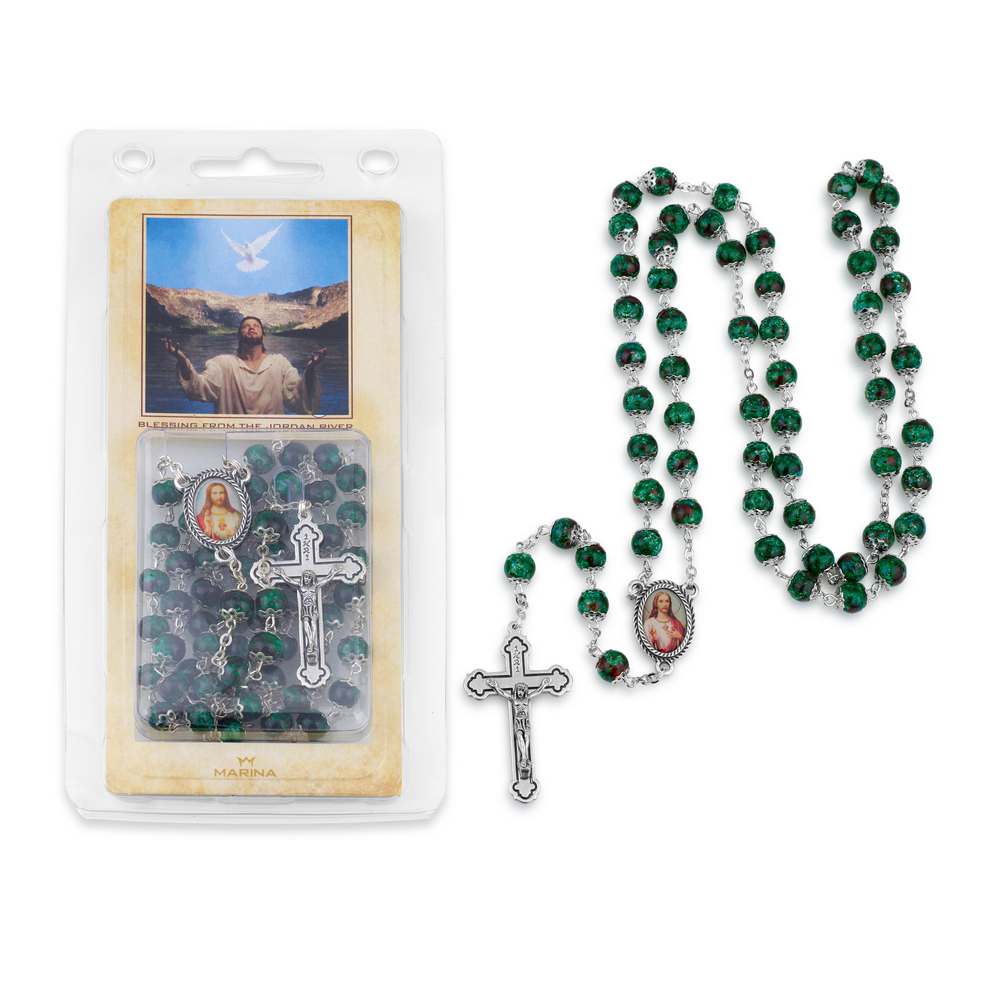 Green Bead Rosary with Sacred Heart Medallion and Crucifix