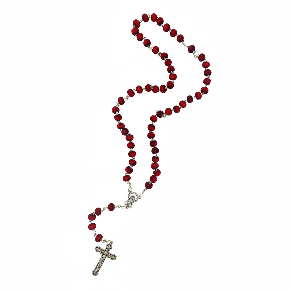 Red Frosted Bead Rosary with Virgin Mary Medallion and Crucifix