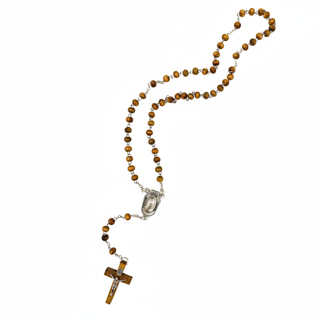 Patterned Bead Rosary with Jordan River Medallion and Wood Crucifix