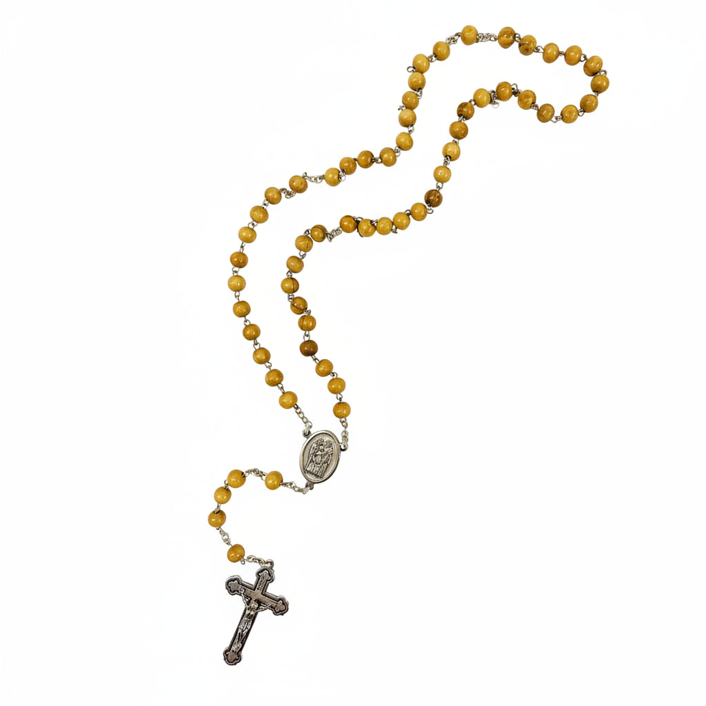 Wood Bead Rosary with Saint Medal and Crucifix
