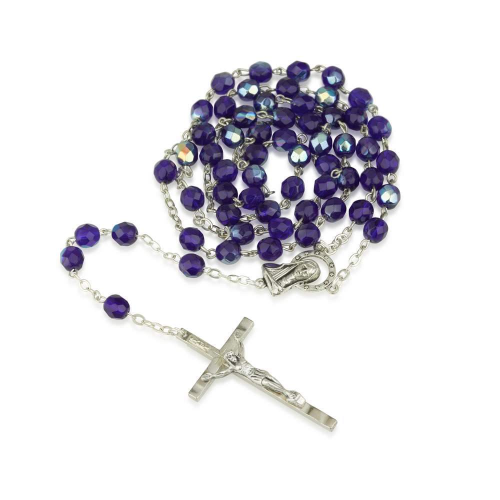 Blue Faceted Bead Rosary with Virgin Mary Medallion and Crucifix