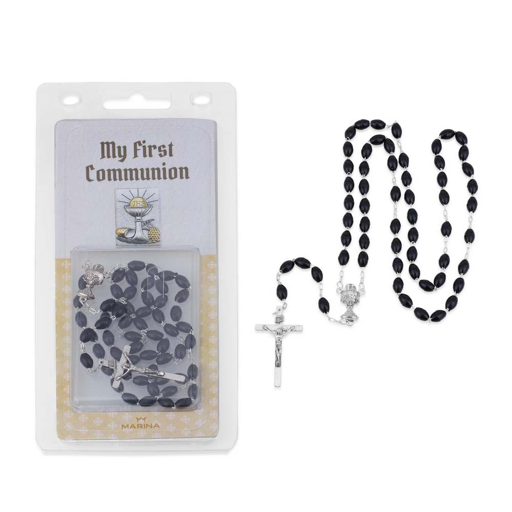 Black Bead Rosary with Communion Charm and Crucifix