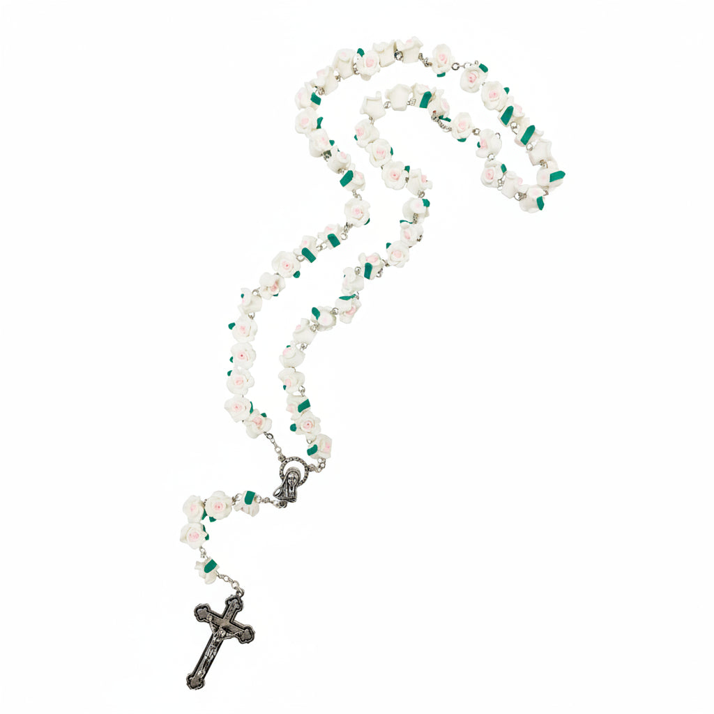 White Rose Bead Rosary with Virgin Mary Medallion and Crucifix