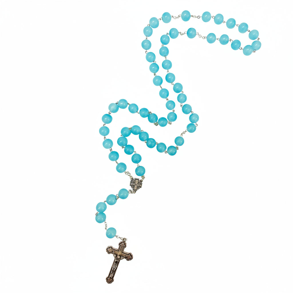 Aqua Bead Rosary with Silver Cross Pendant