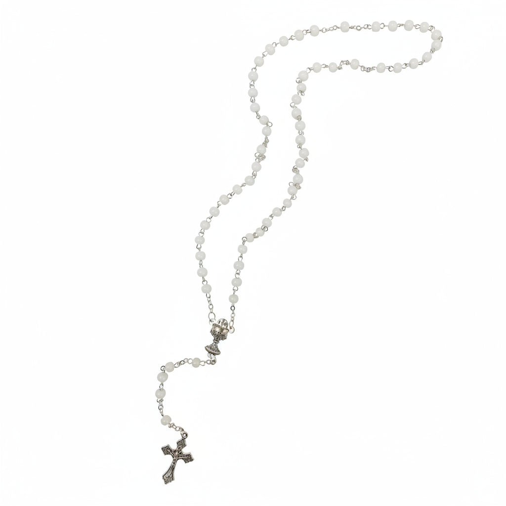 White Bead Rosary with Communion Chalice Bead and Crucifix