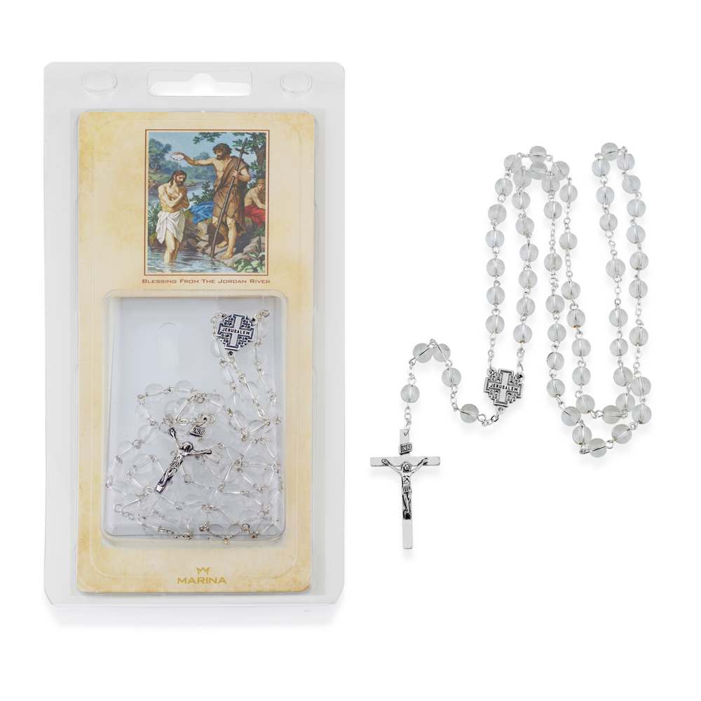 Clear Bead Rosary with Jerusalem Cross Charm and Crucifix