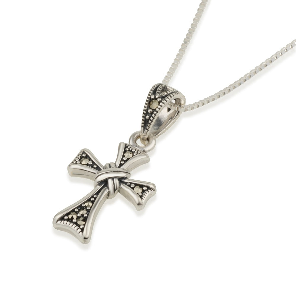 Tapered Cross Pendant Necklace in 925 Sterling Silver, Marcasite
