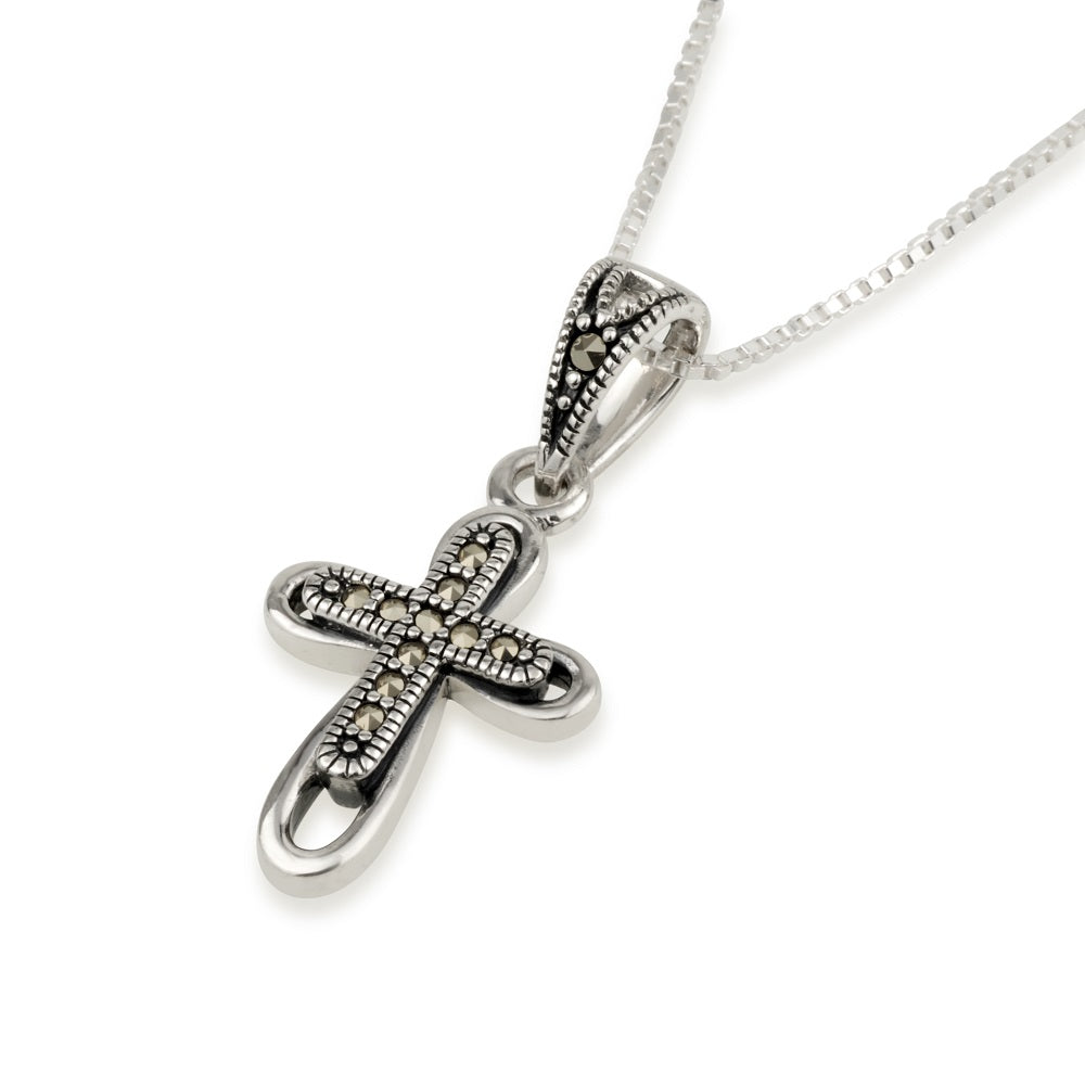 Looped-arm cross pendant necklace in 925 sterling silver with marcasite by Marina Jewelry