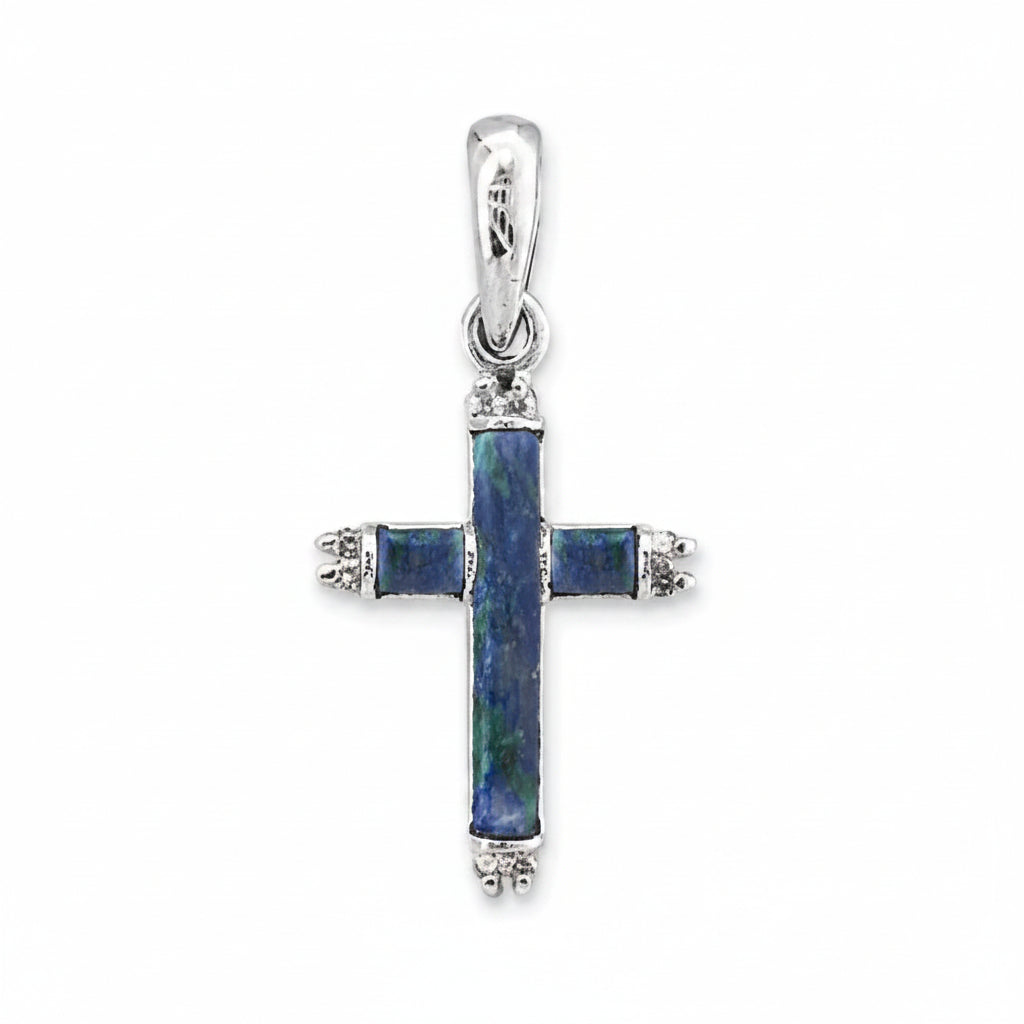 Eilat stone bar cross pendant necklace in 925 sterling silver with marcasite accents by Marina Jewelry