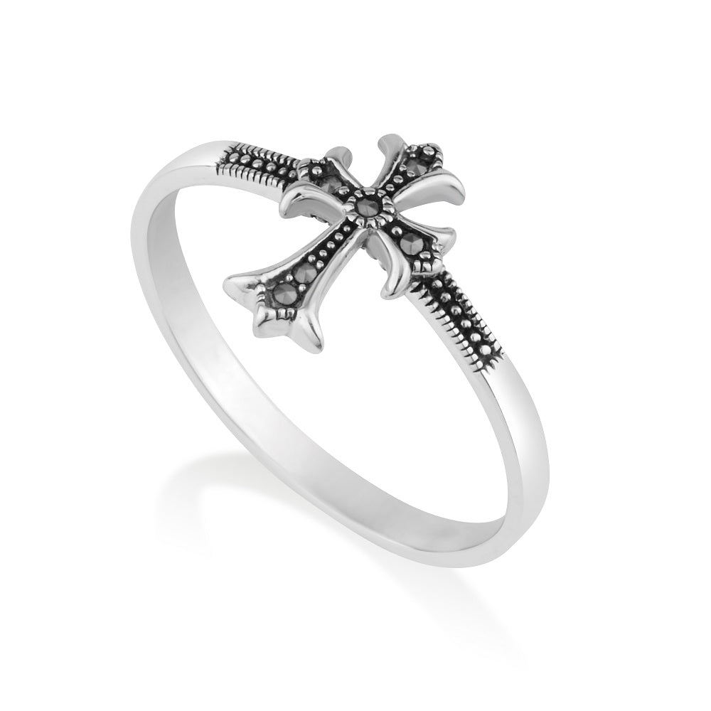 Marcasite Cross Ring, Oxidized Sterling Silver
