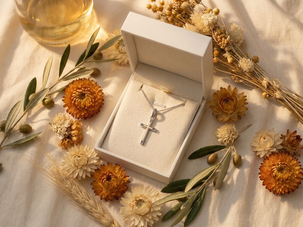 Cross pendant necklace in an open gift box with dried flowers