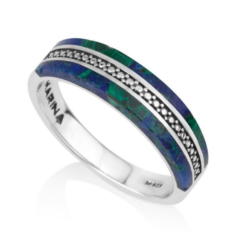 Slim Beaded-Line Eilat Stone Ring in 925 Sterling Silver by Marina Jewelry