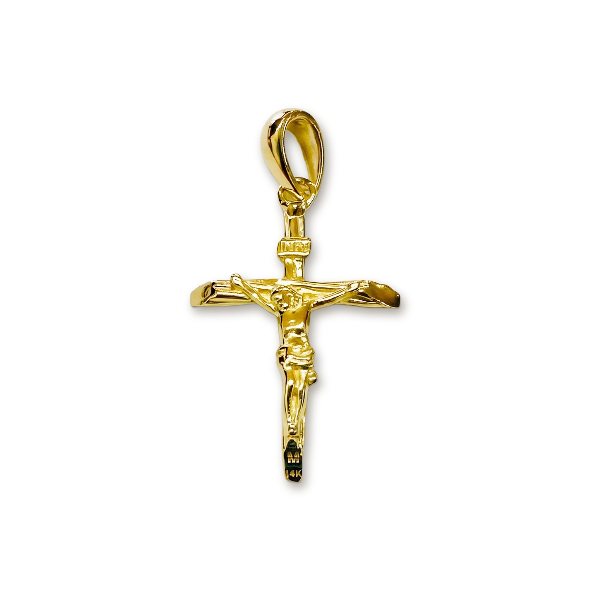 14K yellow gold crucifix pendant with INRI plaque lying flat on a white surface, by Marina Jewelry