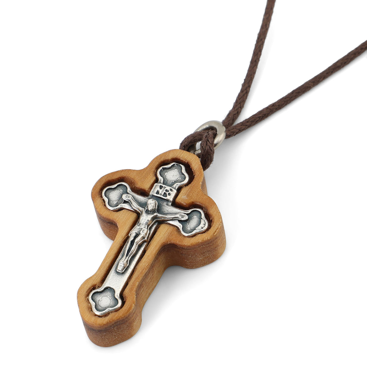 Budded Crucifix Pendant Necklace in Olive Wood