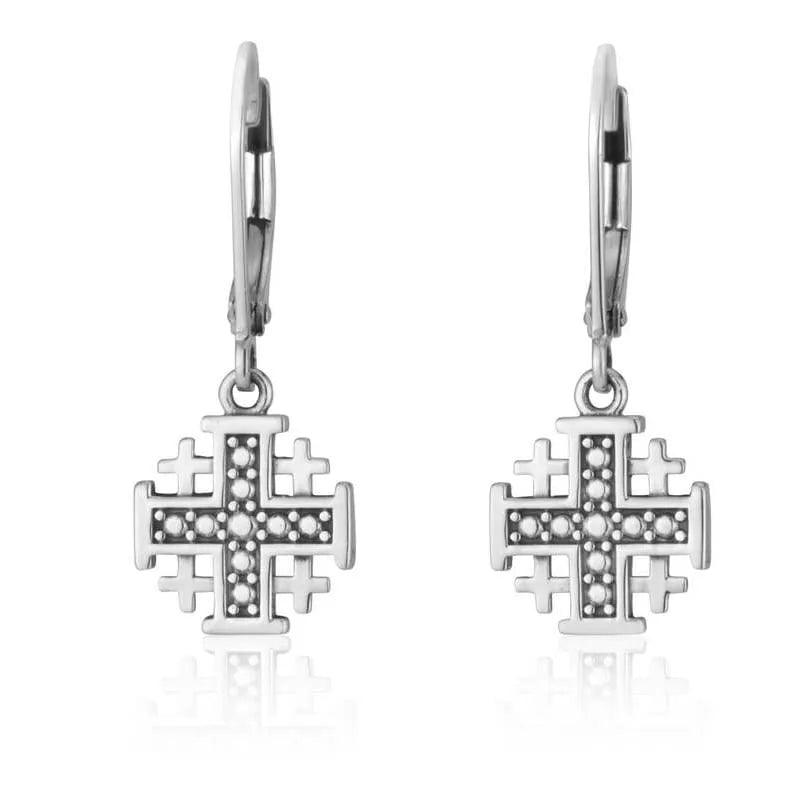 Oxidized Jerusalem Cross Drop Earrings in 925 Sterling Silver by Marina Jewelry