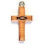 Olive wood Latin cross pendant with an engraved ichthys fish, by Marina Jewelry