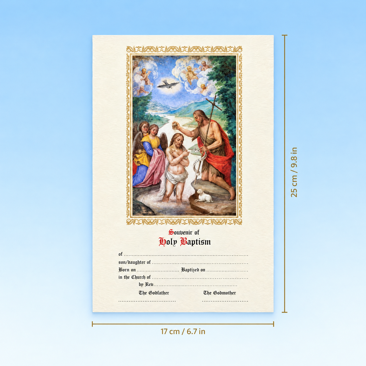 Baptism keepsake certificate size: 6.7 x 9.8 in (17 x 25 cm)