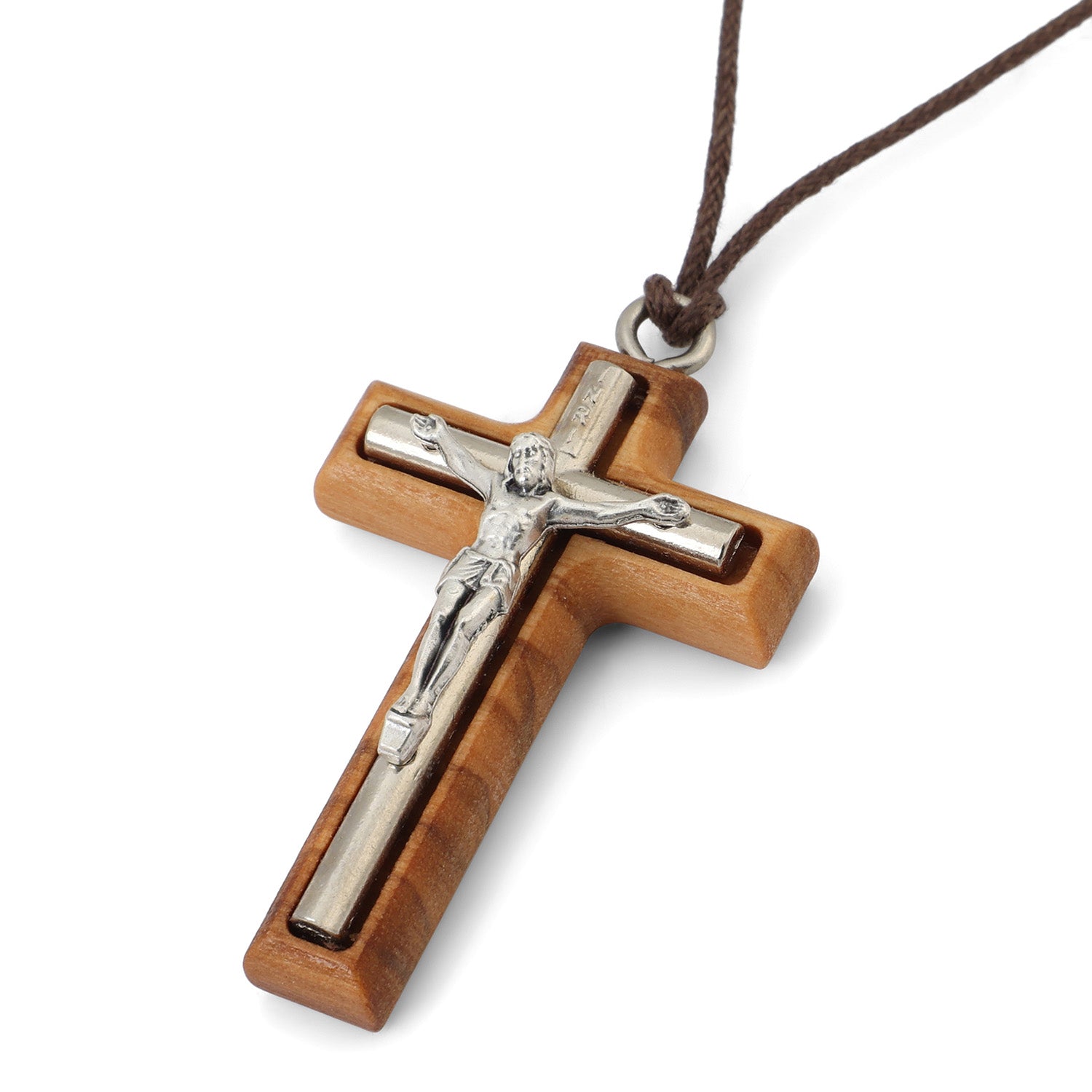 INRI Crucifix Pendant Necklace in Olive Wood