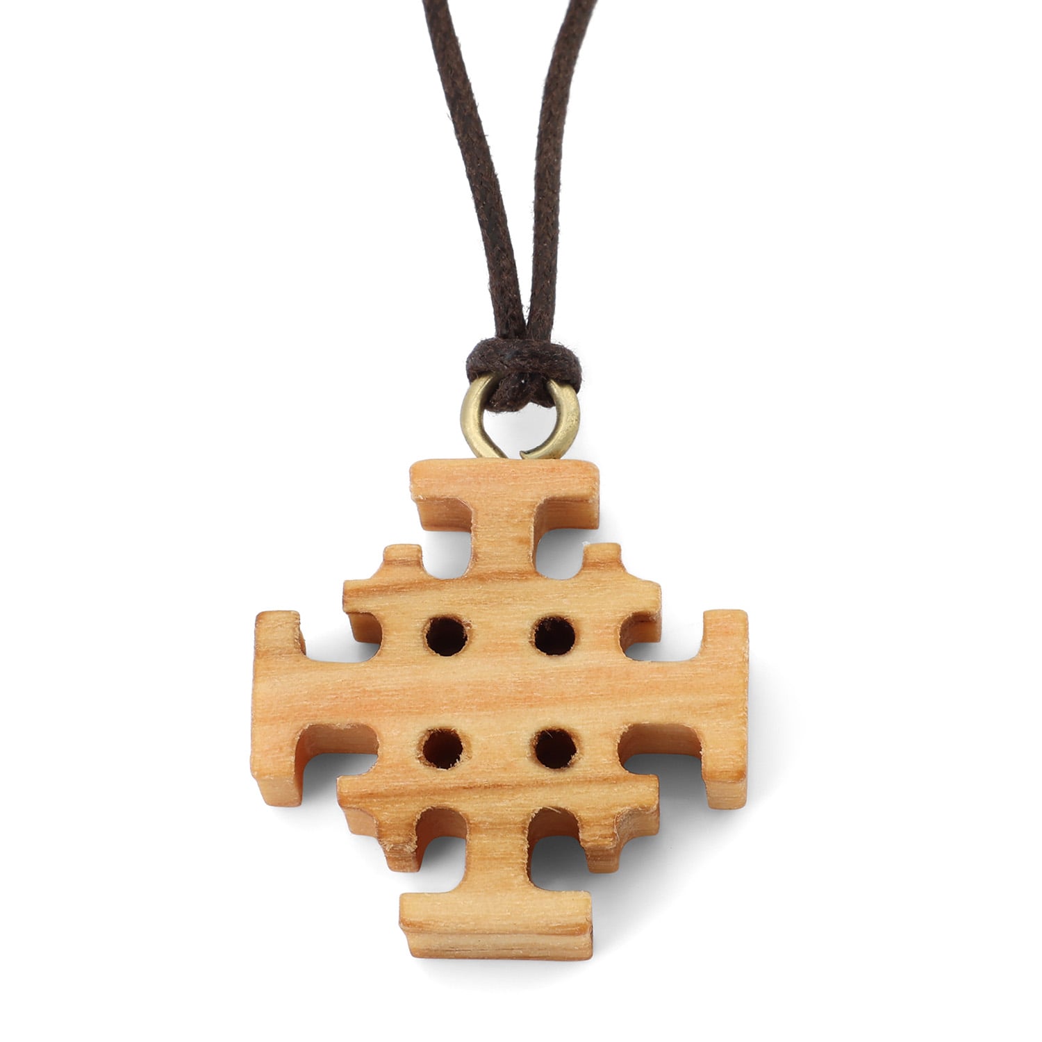 Four-Hole Jerusalem Cross Pendant Necklace in Olive Wood by Marina Jewelry