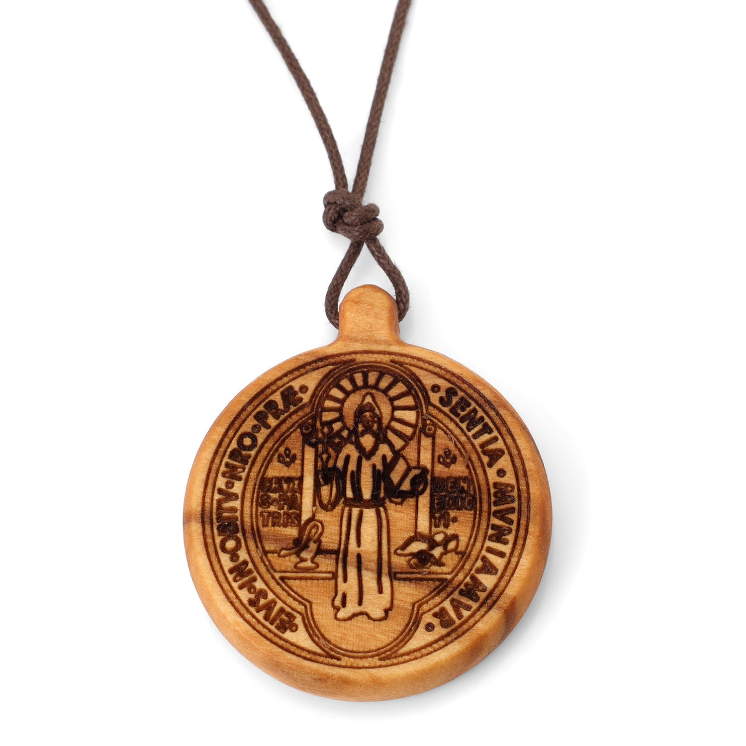 Saint Benedict Medal Pendant Necklace in Olive Wood