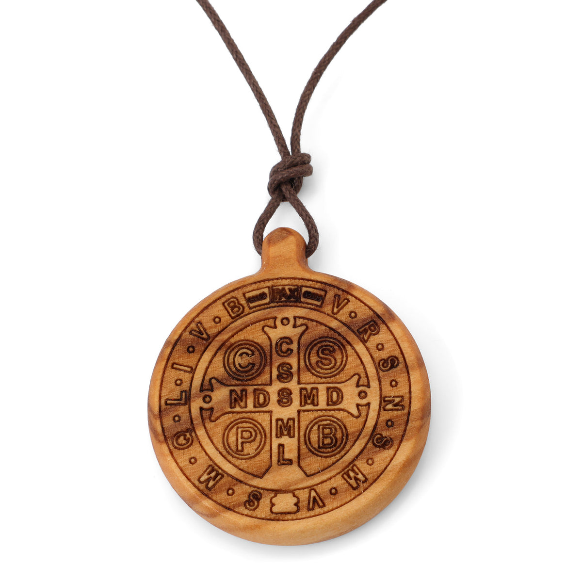 Saint Benedict Medal Pendant Necklace in Olive Wood – back view