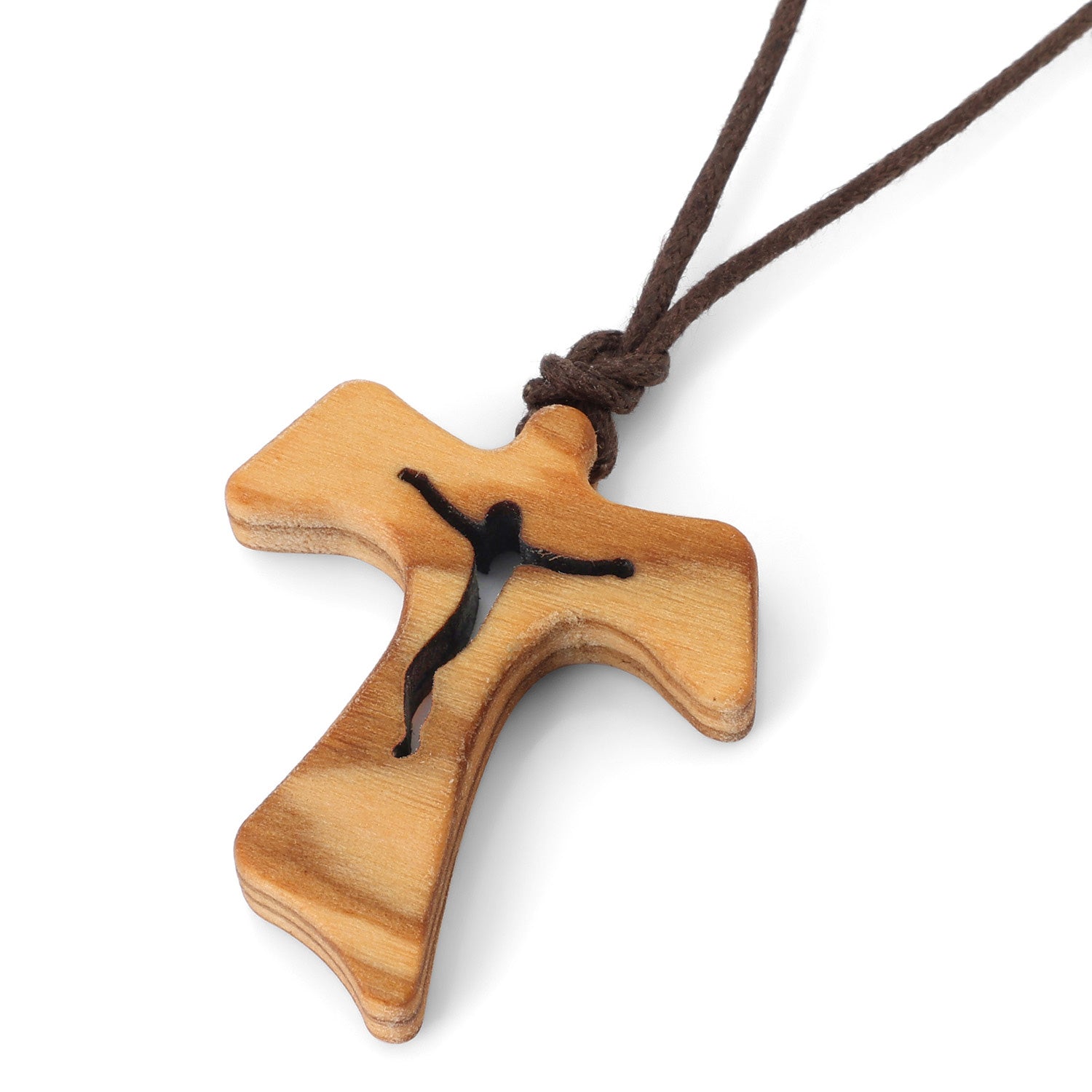 Tau Cross Crucifix Pendant Necklace in Olive Wood