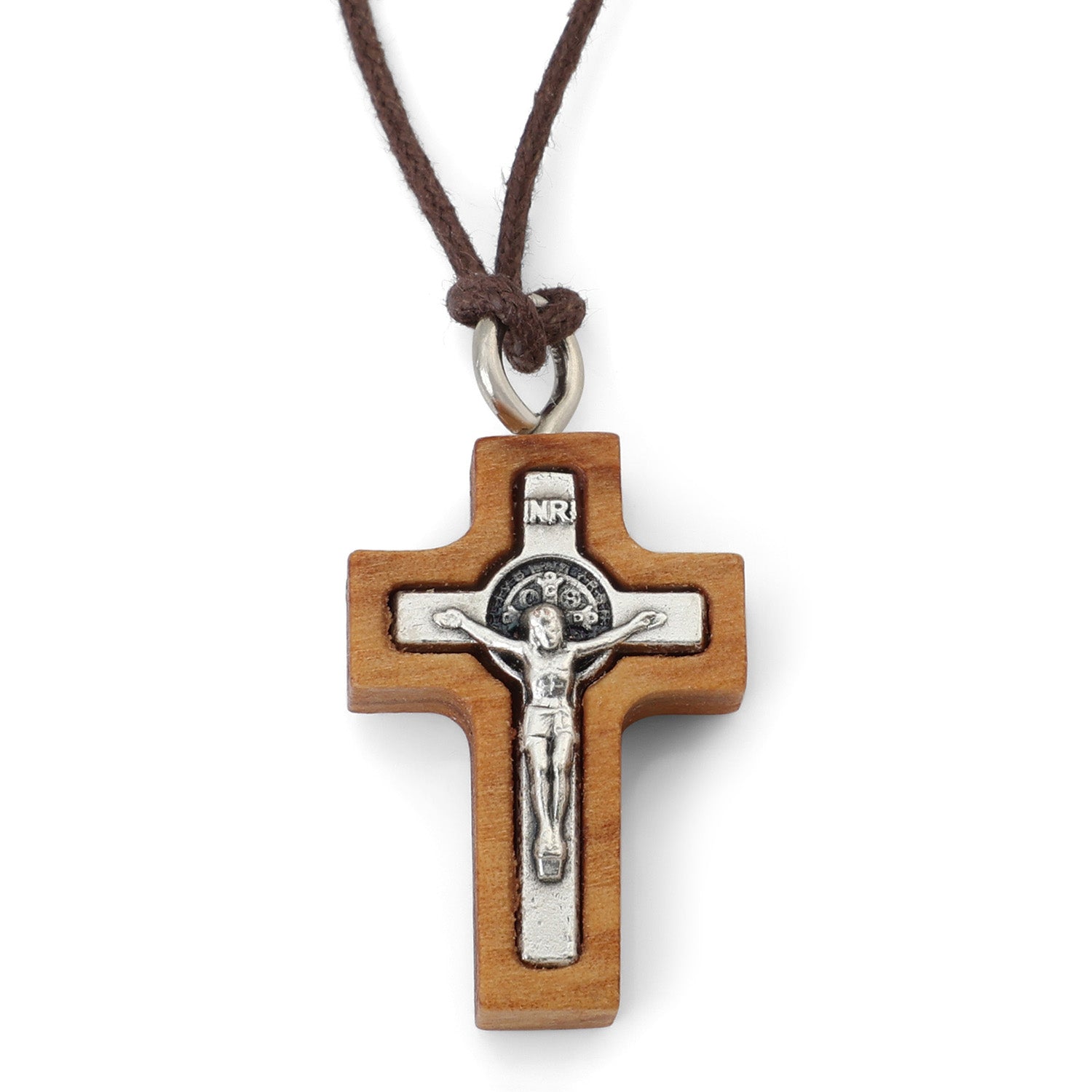 Plain-Frame Saint Benedict Crucifix Pendant Necklace in Olive Wood by Marina Jewelry