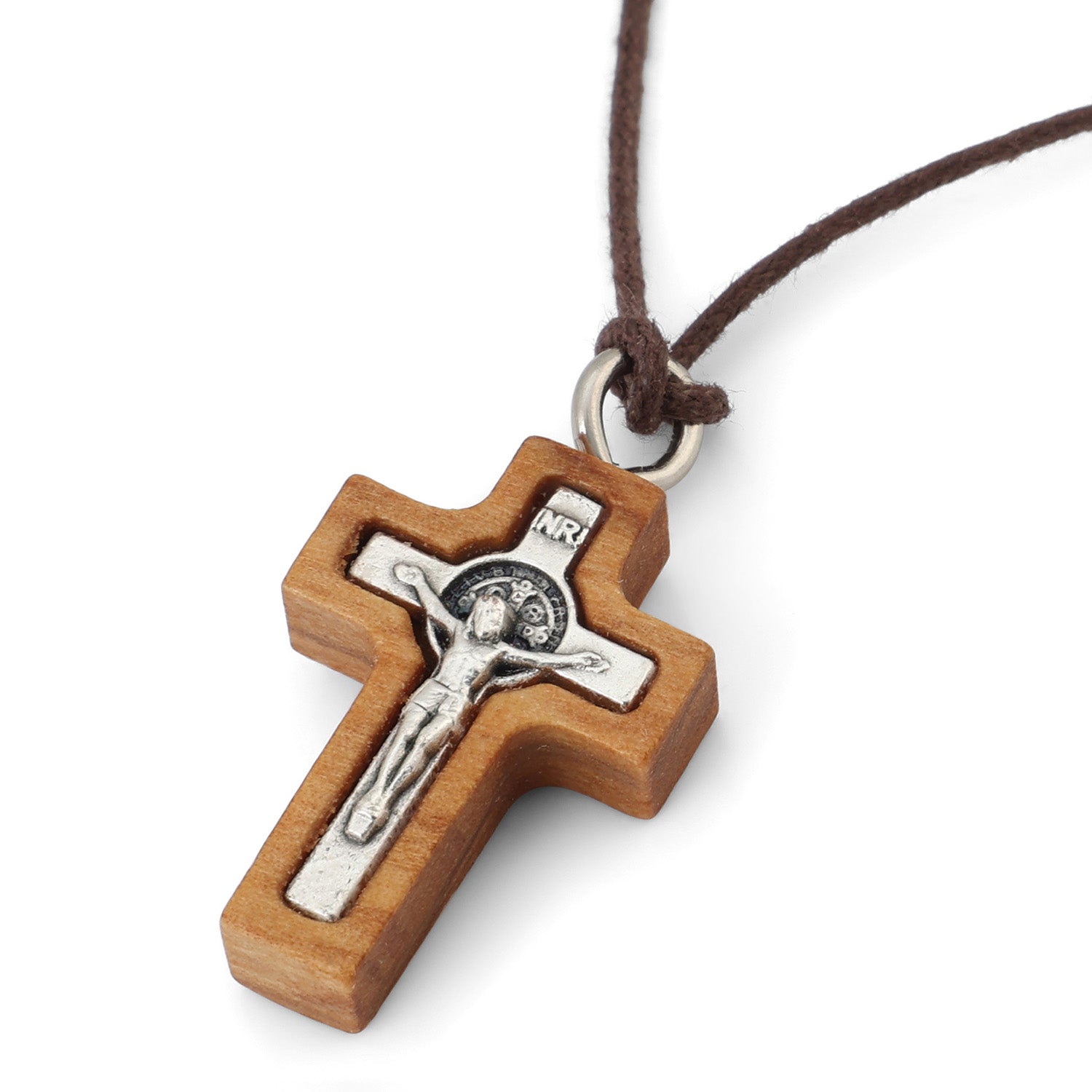 Plain-Frame Saint Benedict Crucifix Pendant Necklace in Olive Wood