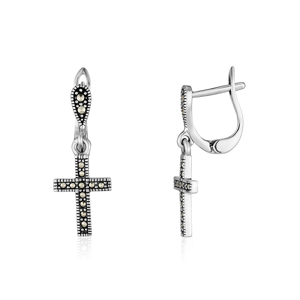 Marcasite cross drop earrings in 925 sterling silver by Marina Jewelry