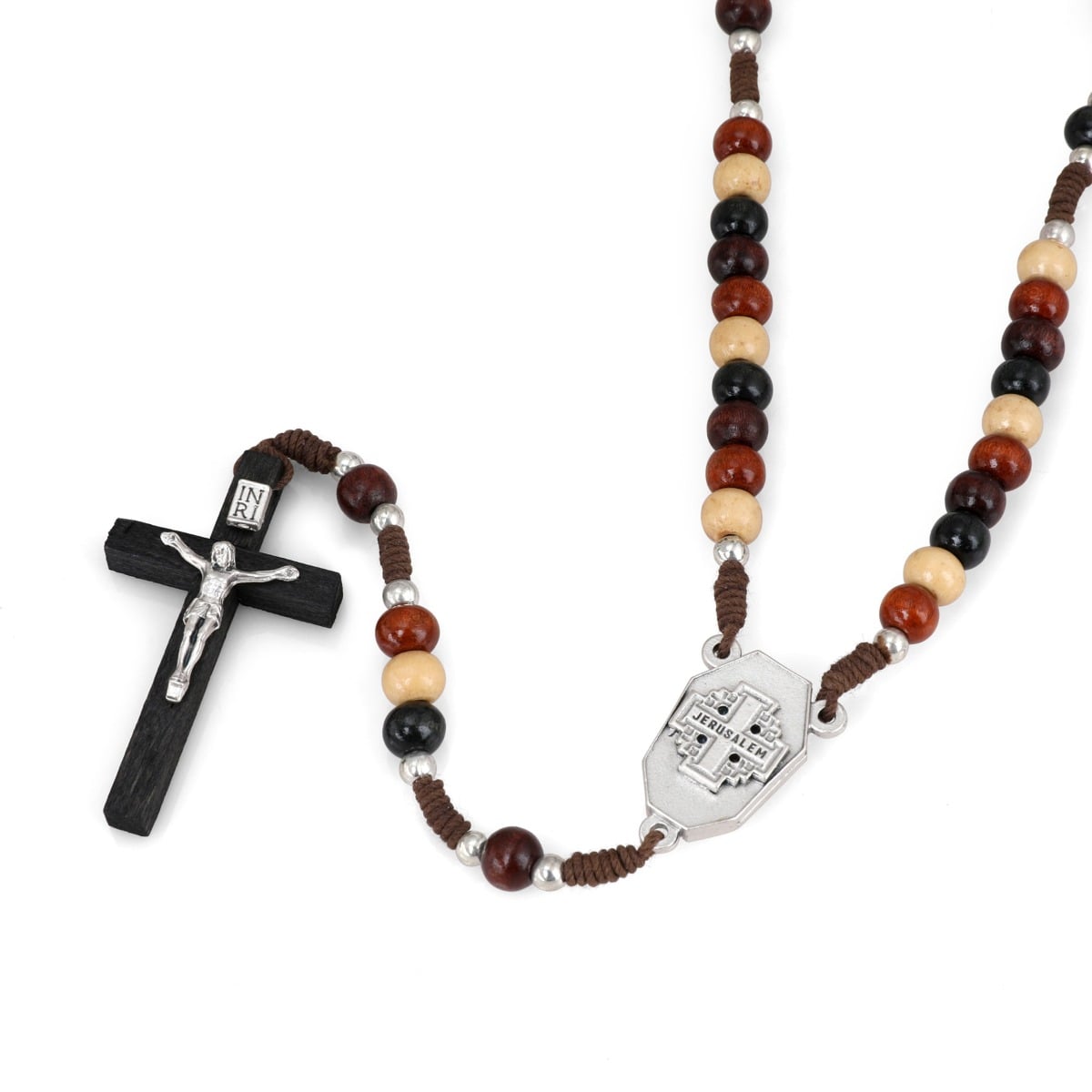 Multicolor Wood Bead Rosary with Jordan River Water Medallion and Crucifix