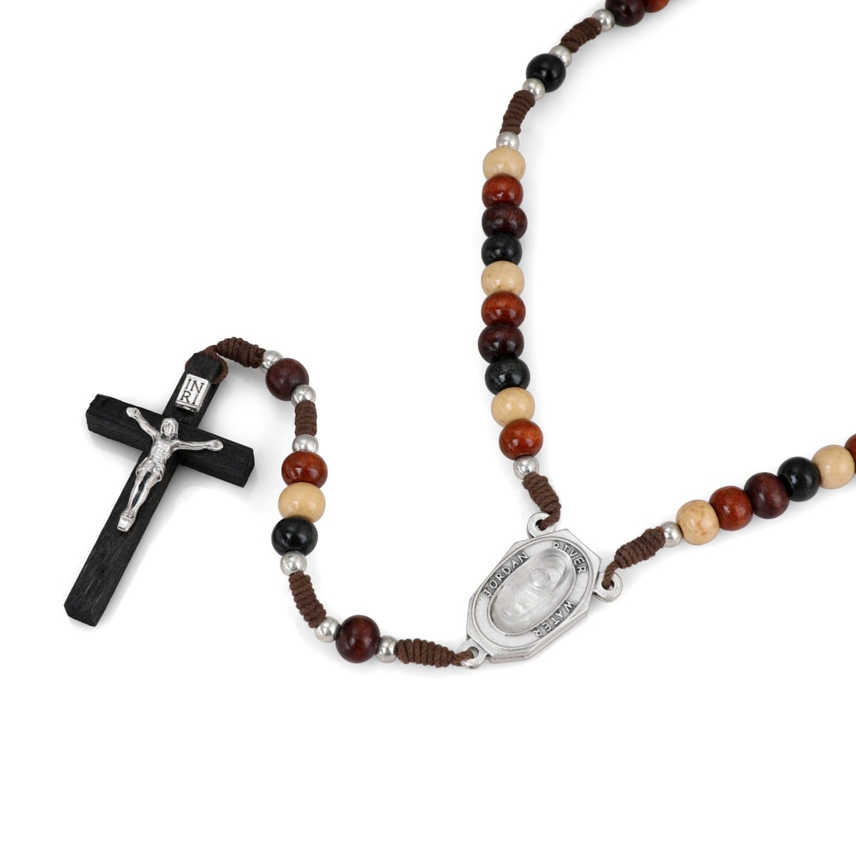 Multicolor Wood Bead Rosary with Jordan River Water Medallion and Crucifix by Marina Jewelry