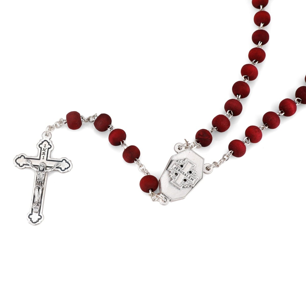 Rose Bead Rosary with Jerusalem Cross Centerpiece and Crucifix