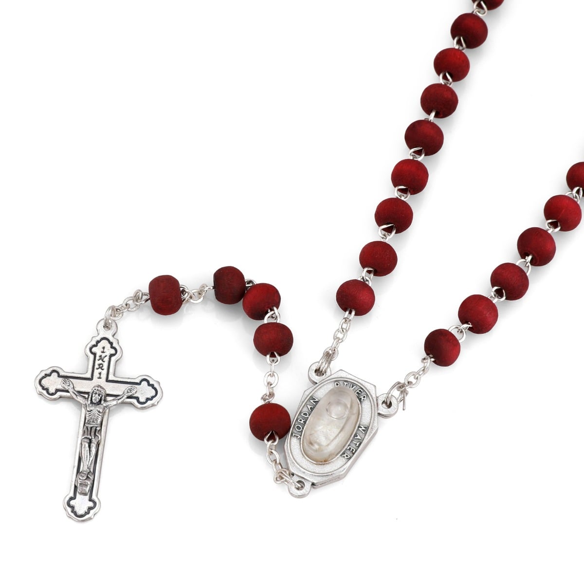 Rose Bead Rosary with Jerusalem Cross Centerpiece and Crucifix by Marina Jewelry