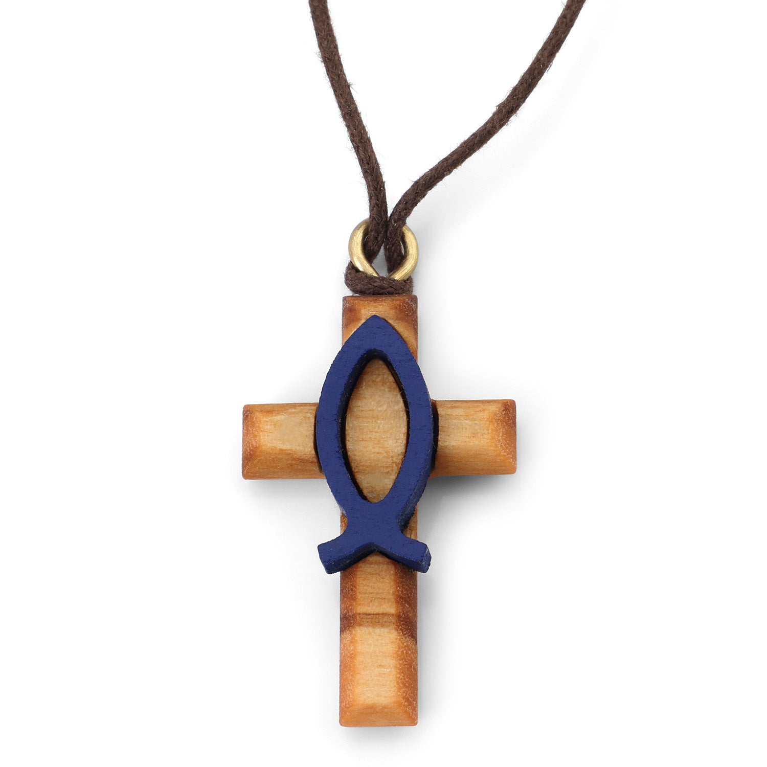Blue Ichthys Latin Cross Pendant Necklace in Olive Wood by Marina Jewelry